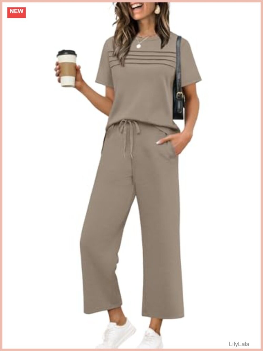 Wide Leg Crop Pants Set Short Sleeve Pleated Top Lounge Travel 2 Piece